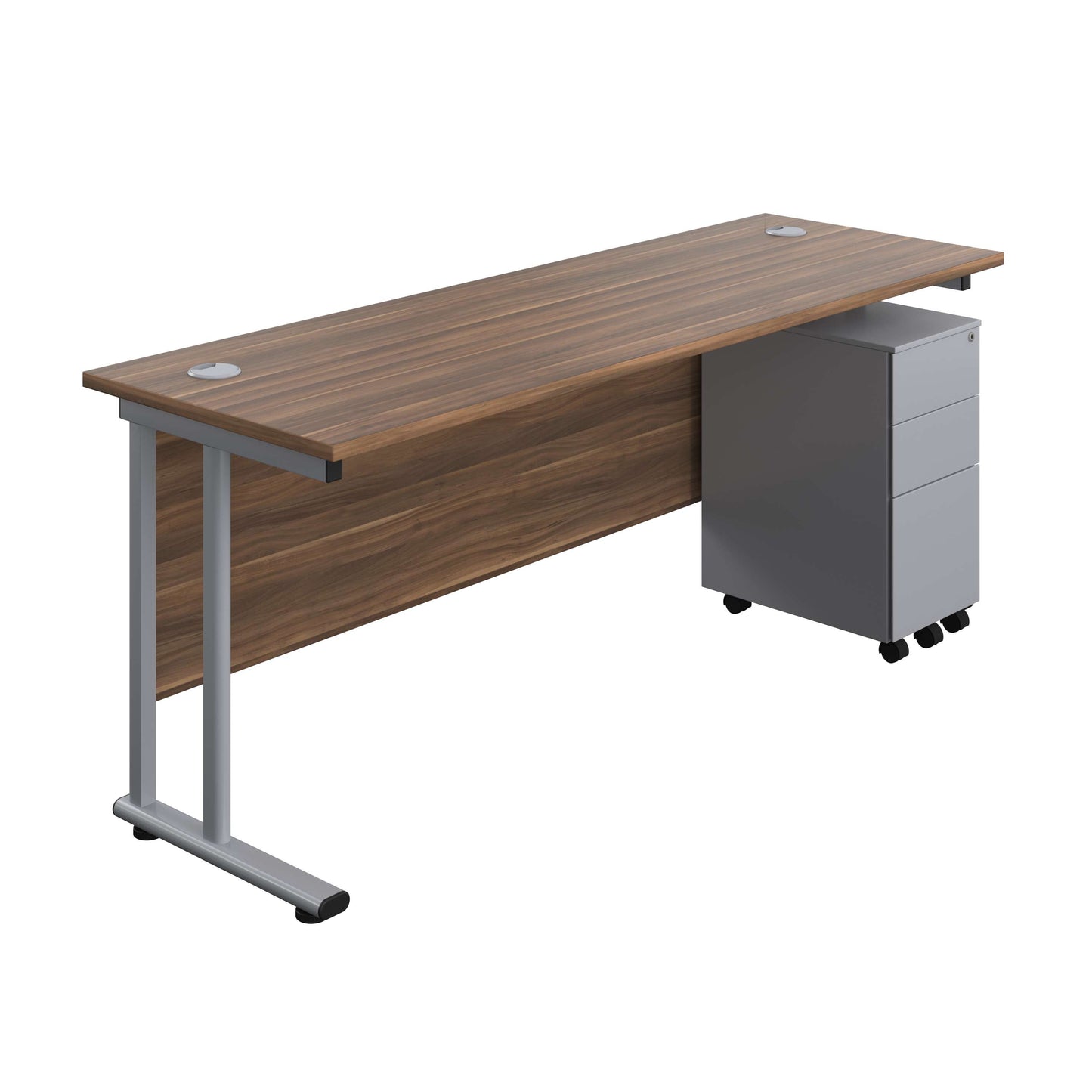 Twin Upright Rectangular Desk + Slimline Steel Pedestal 3 Drawers (FSC) | 1800X600 | Dark Walnut/Silver
