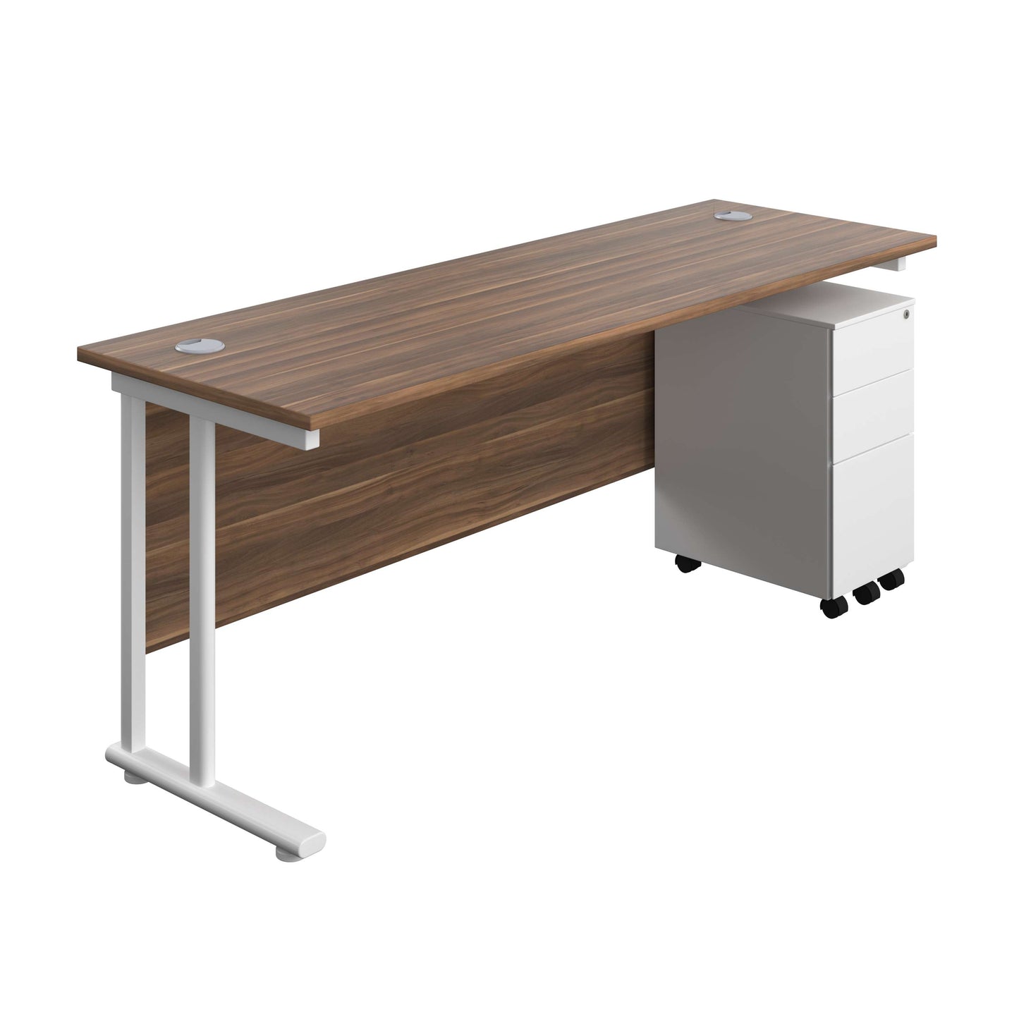 Twin Upright Rectangular Desk + Slimline Steel Pedestal 3 Drawers (FSC) | 1800X600 | Dark Walnut/White