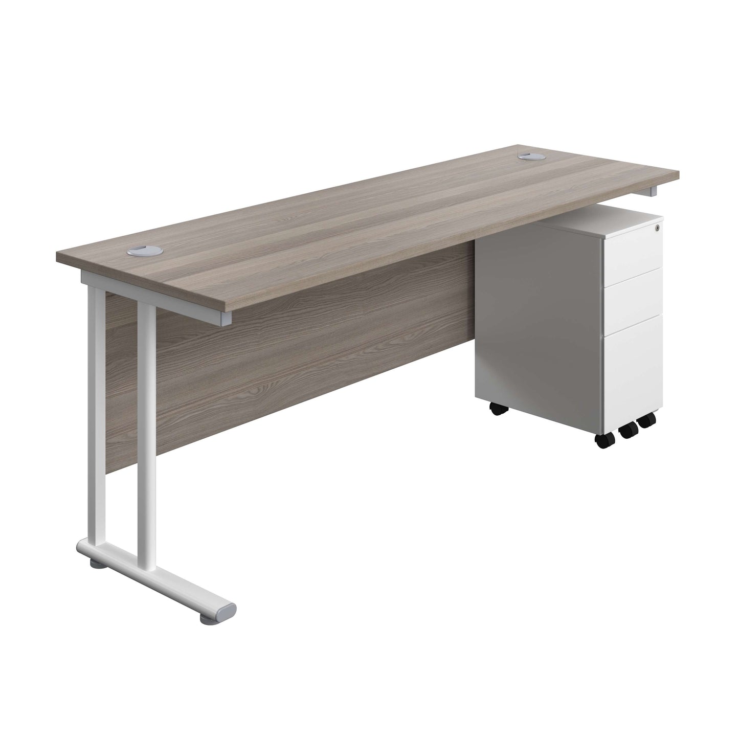 Twin Upright Rectangular Desk + Slimline Steel Pedestal 3 Drawers (FSC) | 1800X600 | Grey Oak/White