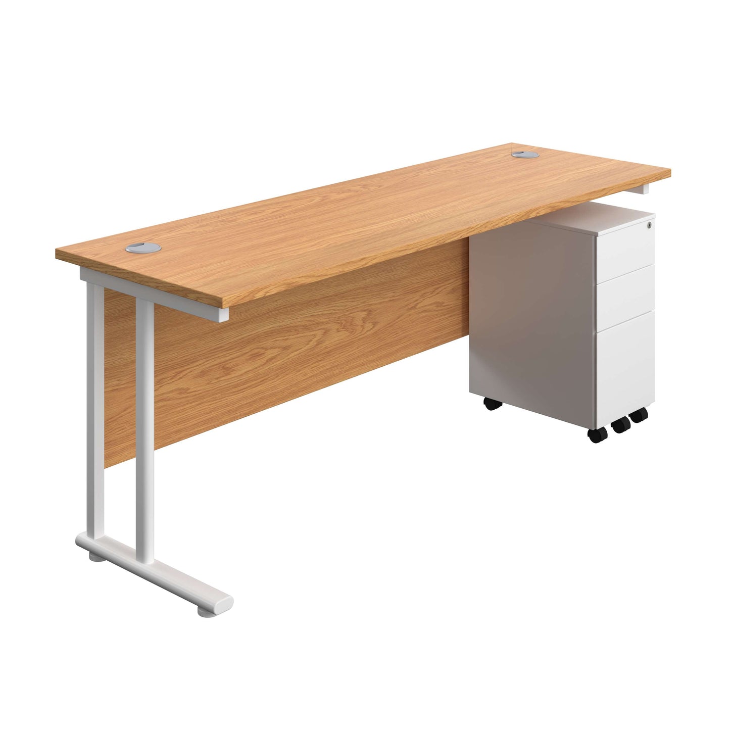 Twin Upright Rectangular Desk + Slimline Steel Pedestal 3 Drawers (FSC) | 1800X600 | Nova Oak/White