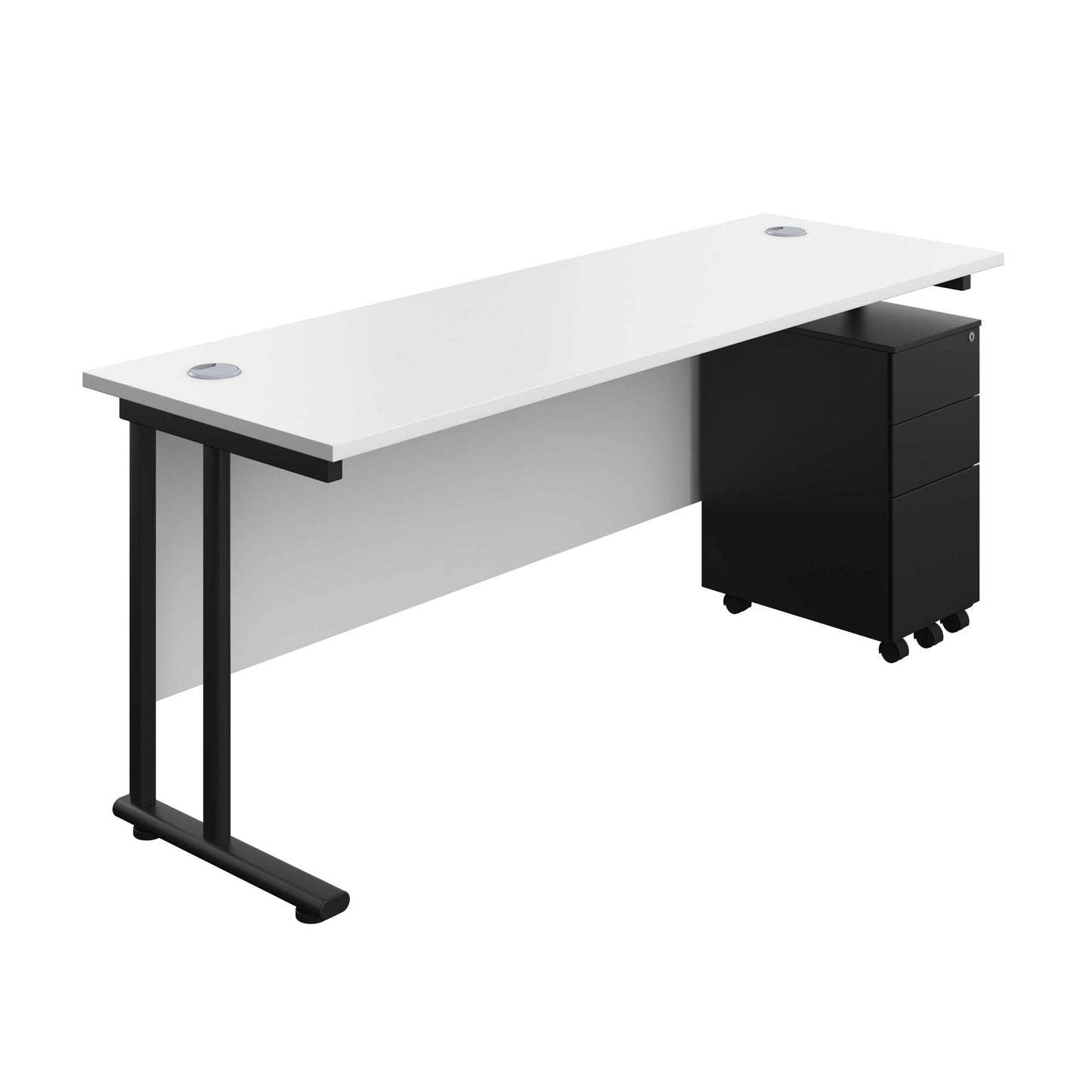 Twin Upright Rectangular Desk + Slimline Steel Pedestal 3 Drawers (FSC) | 1800X600 | White/Black