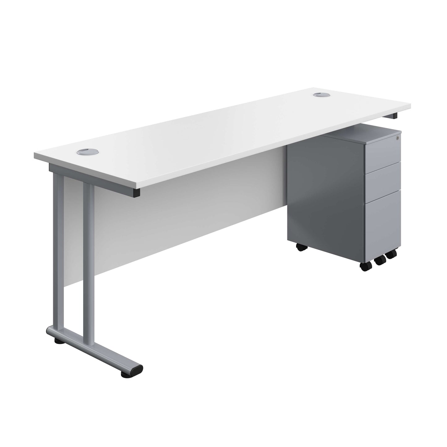Twin Upright Rectangular Desk + Slimline Steel Pedestal 3 Drawers (FSC) | 1800X600 | White/Silver
