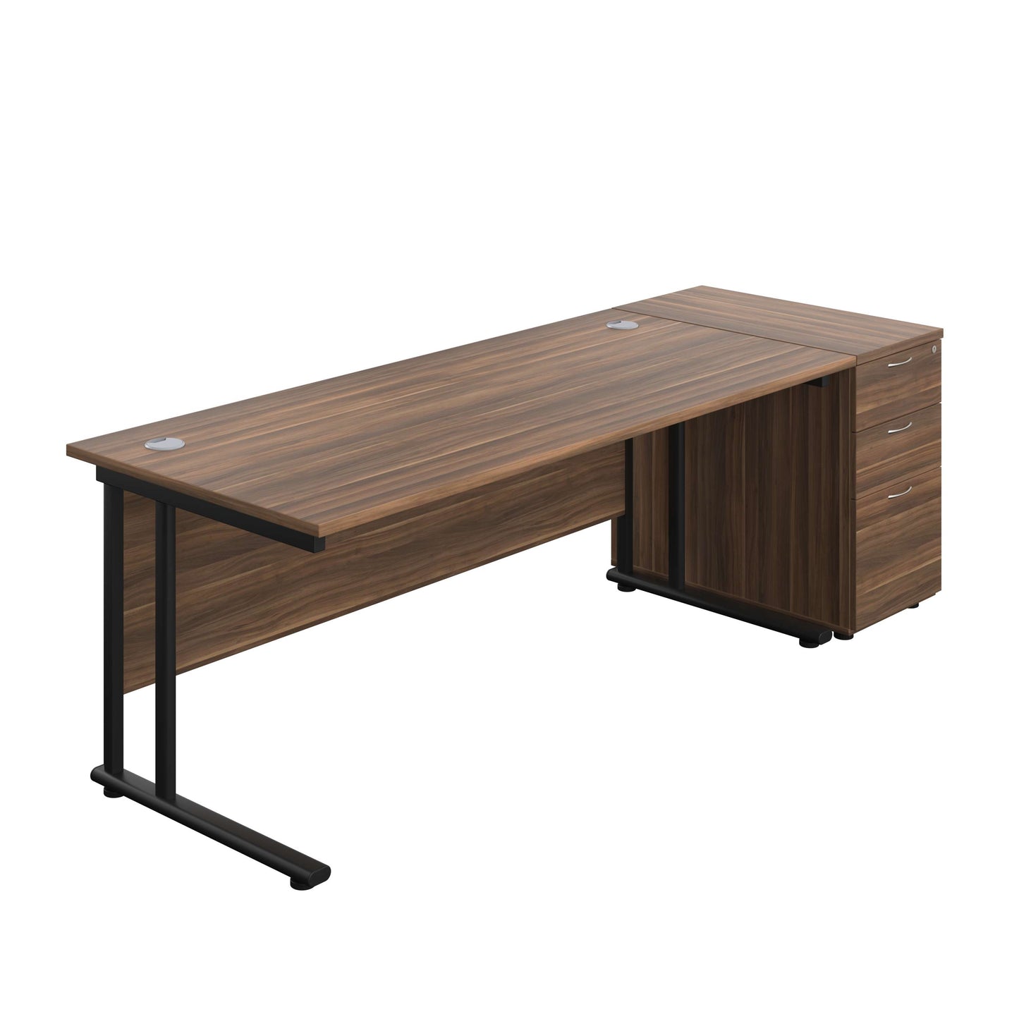 Twin Upright Rectangular Desk + Desk High 3 Drawer Pedestal (FSC) | 1800X800 | Dark Walnut/Black