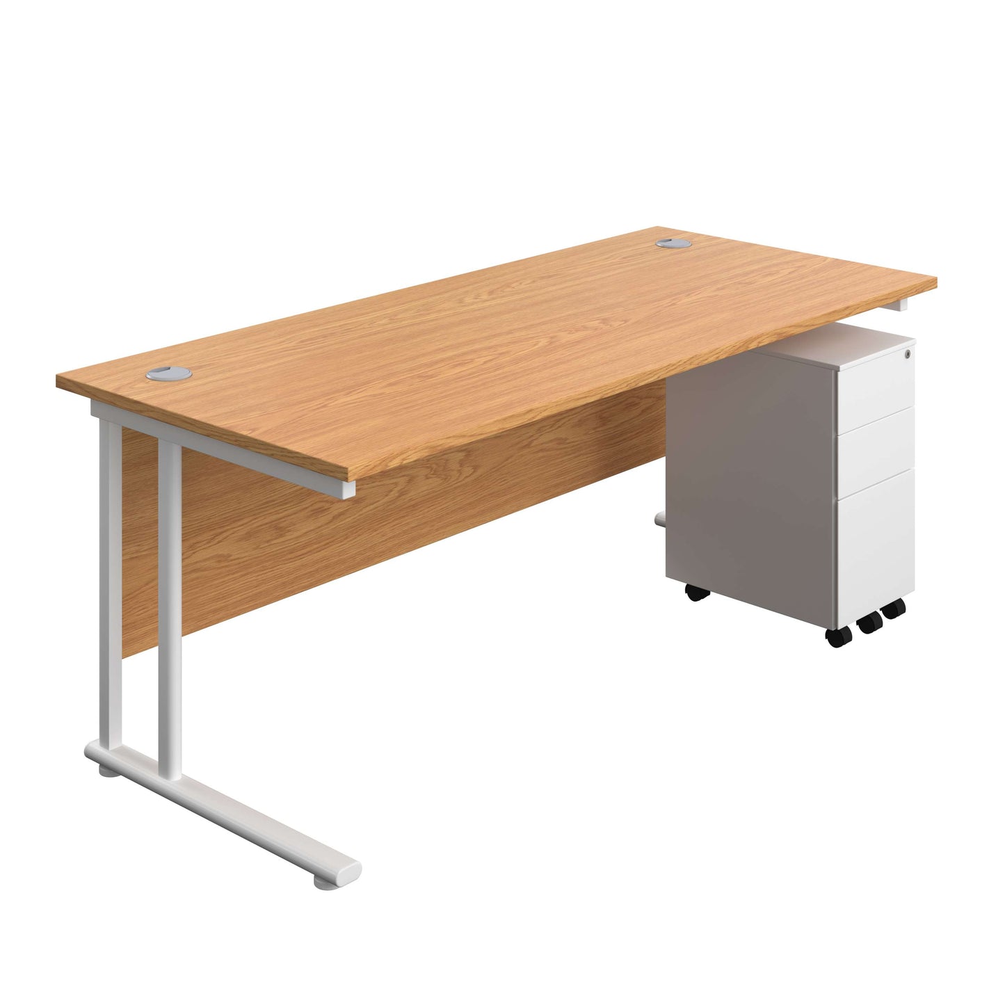 Twin Upright Rectangular Desk + Slimline Steel Pedestal 3 Drawers (FSC) | 1800X800 | Nova Oak/White