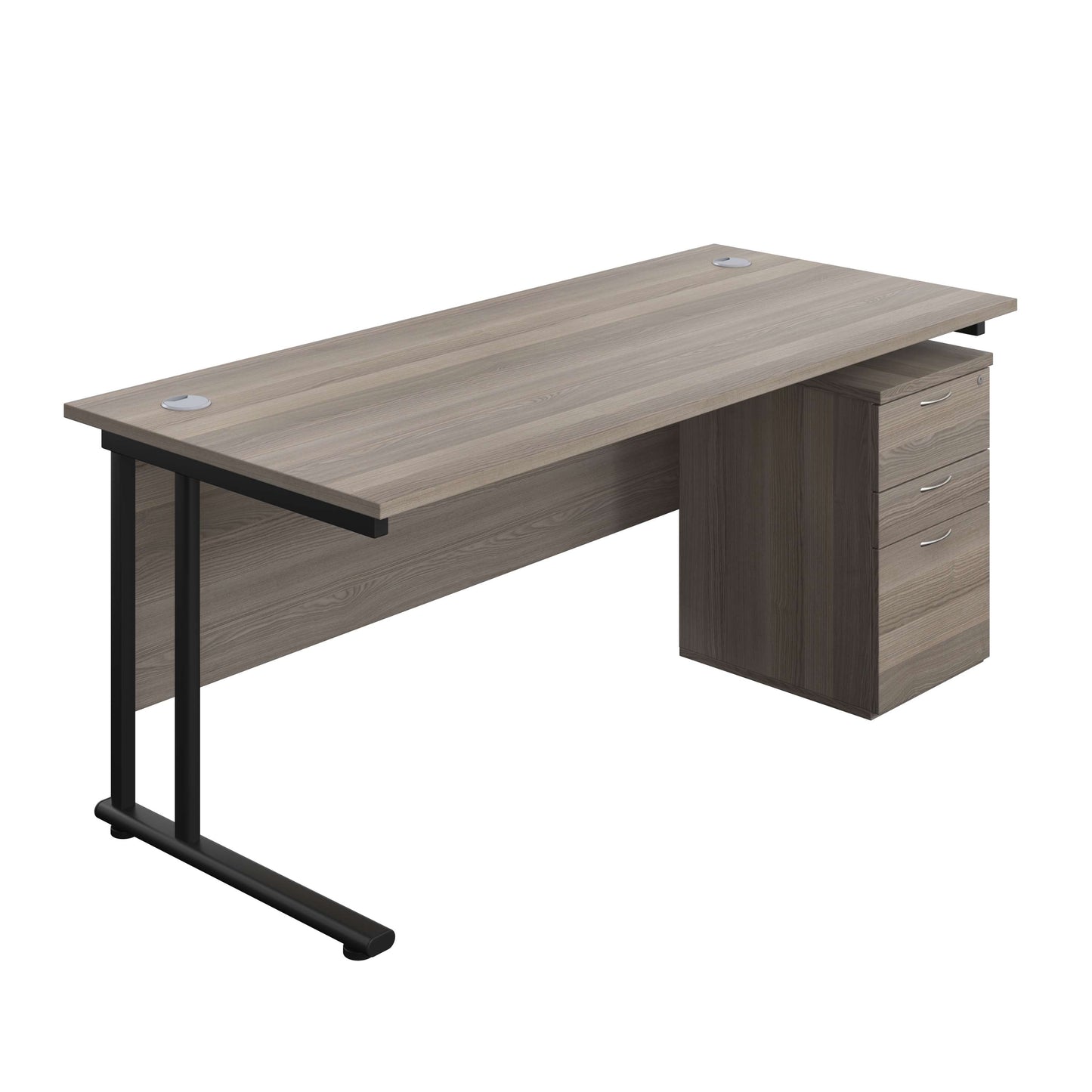 Twin Upright Rectangular Desk + High Mobile Pedestal 3 Drawer (FSC) | 1800X800 | Grey Oak/Black