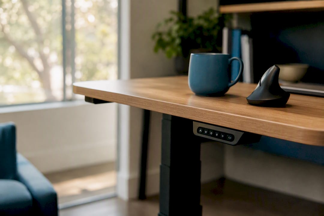 Partial view of sit-stand desk edge and control panel