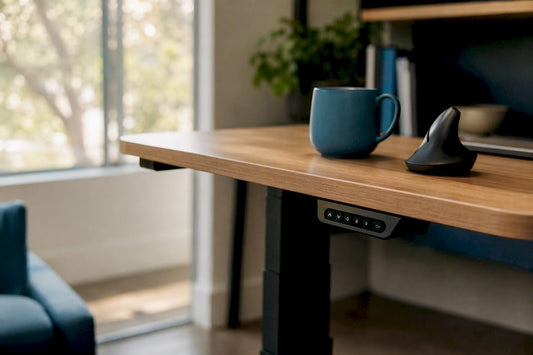 Partial view of sit-stand desk edge and control panel