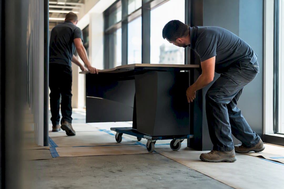 Two installers carrying office furniture indoors