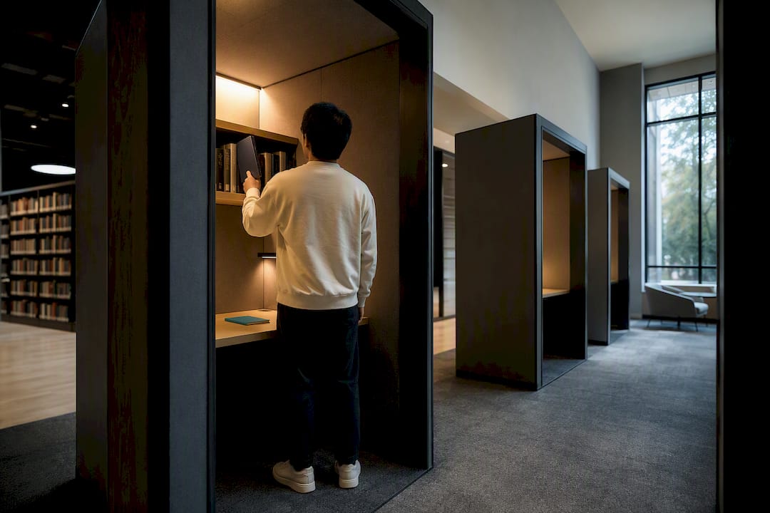 Library study booths arranged along circulation path