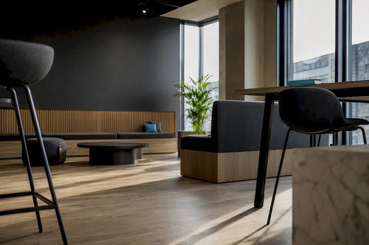 Modern office breakout zone with flexible seating