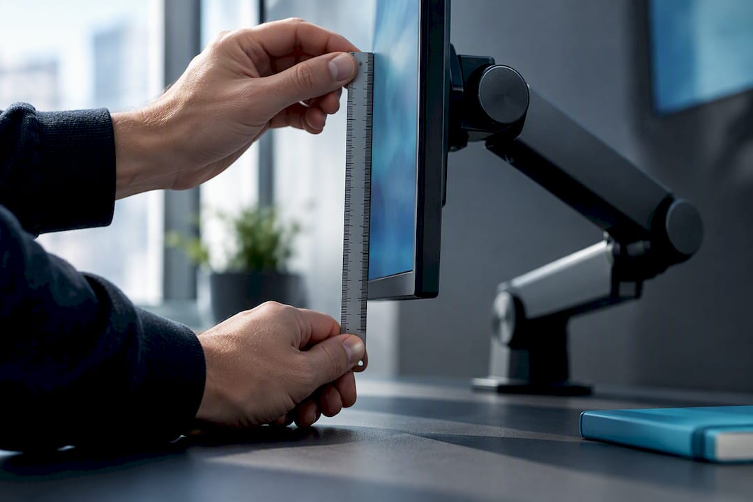 Technician measuring monitor arm screen height