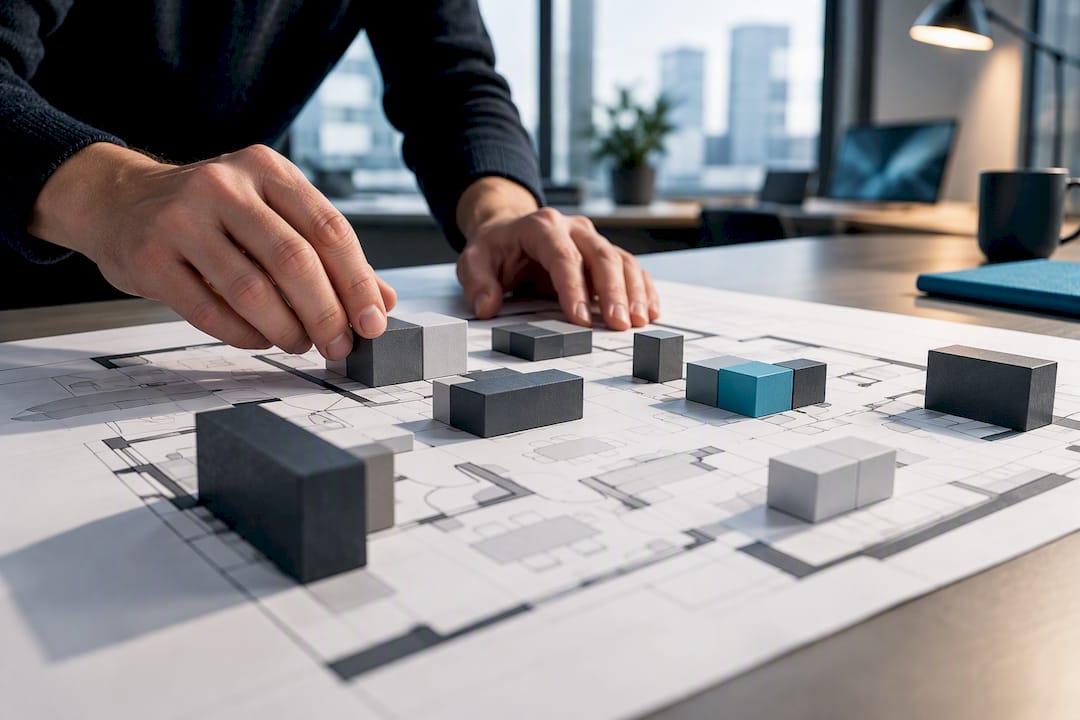 Designer arranging office test-fit blocks