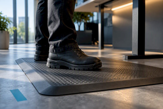 Boot standing on anti-fatigue mat