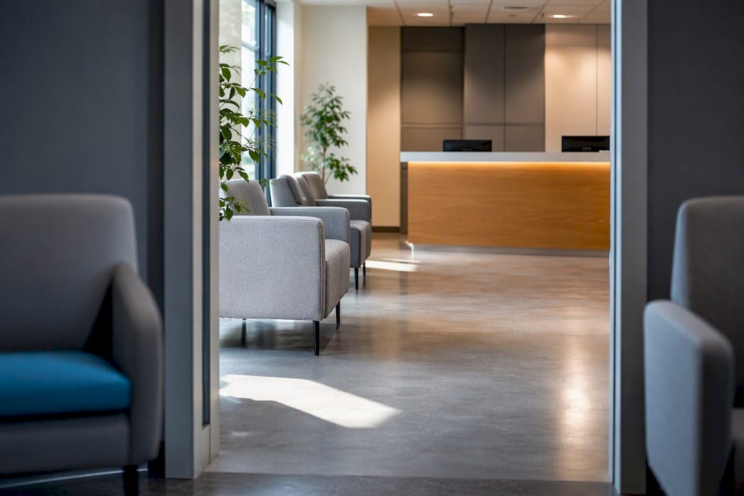 Healthcare reception waiting area with clear circulation