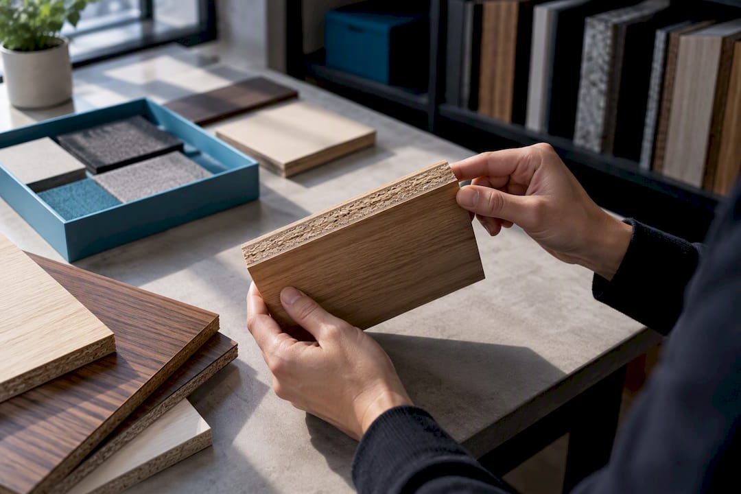 Hands inspecting engineered wood panel sample