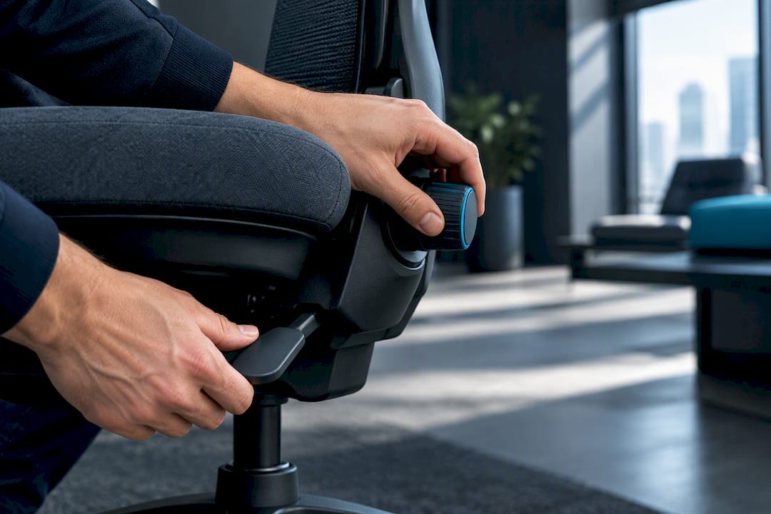 Hands testing ergonomic chair adjustment controls