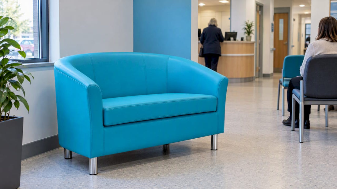 Tub sofa positioned in a measured healthcare waiting room