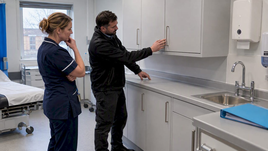 Healthcare team inspecting fitted storage