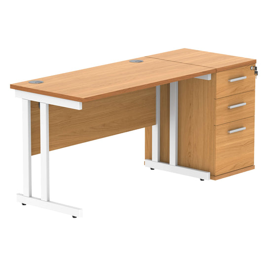 Double Upright Rectangular Desk + Desk High Pedestal (FSC) | 1200X600 | Norwegian Beech/White