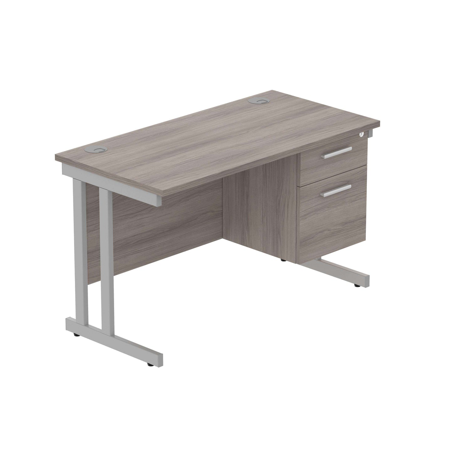 Office Rectangular Desk with Steel Double Upright Cantilever Legs + 2 Drawer Fixed Pedestal (FSC) | 1200X600 | Alaskan Grey Oak/Silver