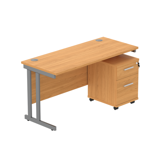 Double Upright Rectangular Desk + 2 Drawer Mobile Under Desk Pedestal (FSC) | 1400X600 | Norwegian Beech/Graphite