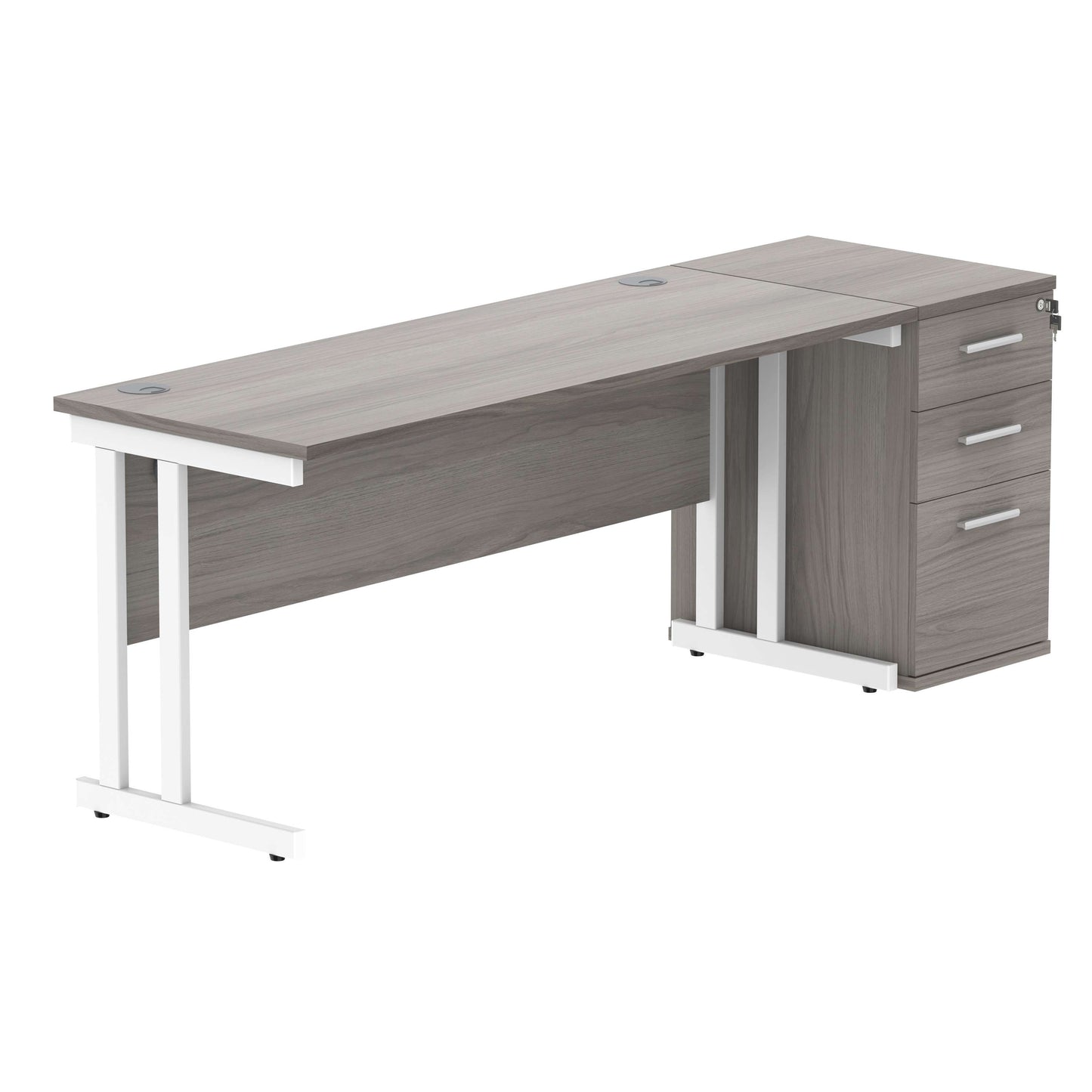 Double Upright Rectangular Desk + Desk High Pedestal (FSC) | 1600X600 | Alaskan Grey Oak/White