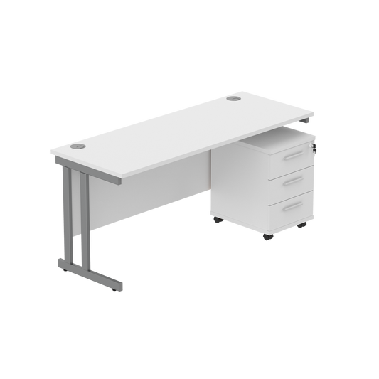 Double Upright Rectangular Desk + 3 Drawer Mobile Under Desk Pedestal (FSC) | 1600X600 | Arctic White/Graphite