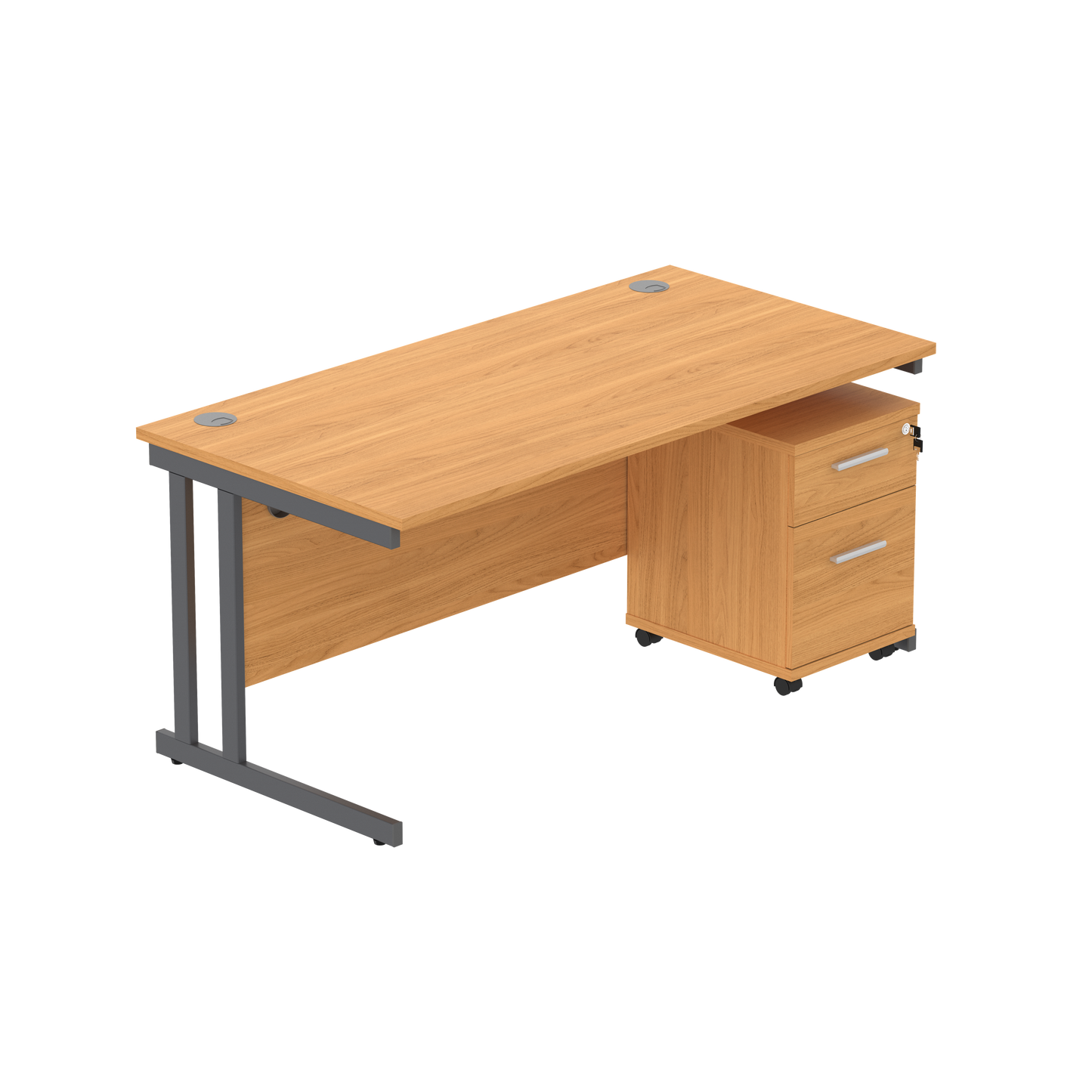 Double Upright Rectangular Desk + 2 Drawer Mobile Under Desk Pedestal (FSC) | 1600X800 | Norwegian Beech/Graphite