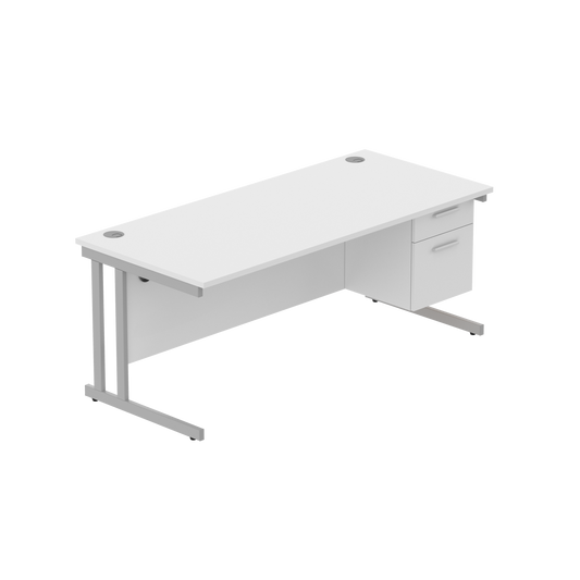 Office Rectangular Desk with Steel Double Upright Cantilever Legs + 2 Drawer Fixed Pedestal (FSC) | 1800X800 | Arctic White/Silver