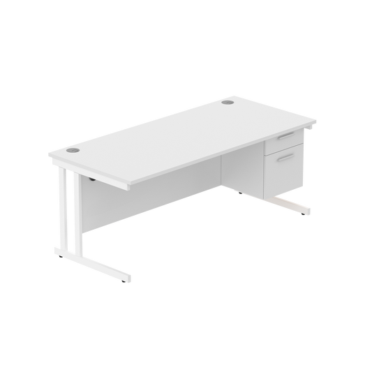 Office Rectangular Desk with Steel Double Upright Cantilever Legs + 2 Drawer Fixed Pedestal (FSC) | 1800X800 | Arctic White/White