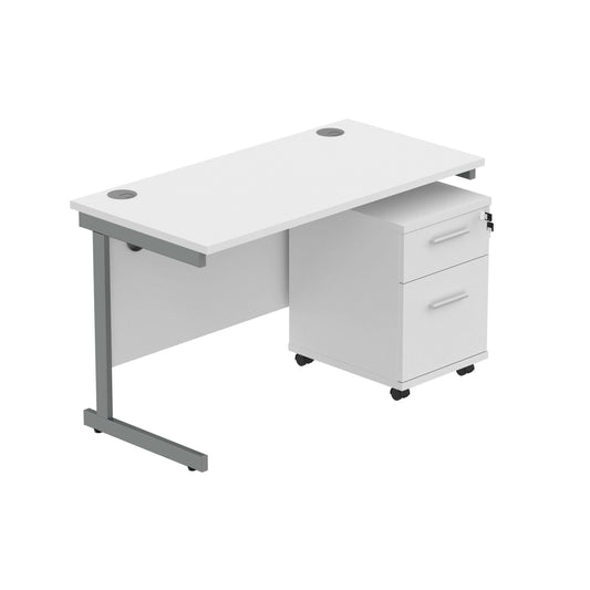 Single Upright Rectangular Desk + 2 Drawer Mobile Under Desk Pedestal (FSC) | 1200 X 600 | Arctic White/Graphite