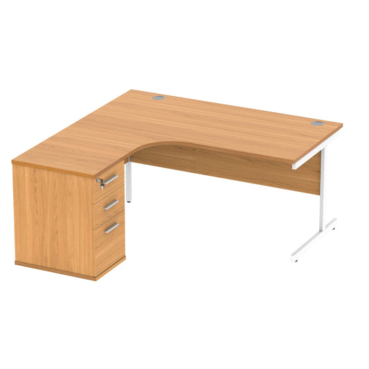 Single Upright Left Hand Radial Desk + Desk High Pedestal (FSC) | 600mm Deep Pedestal | 1600 X 1200 | Norwegian Beech/White