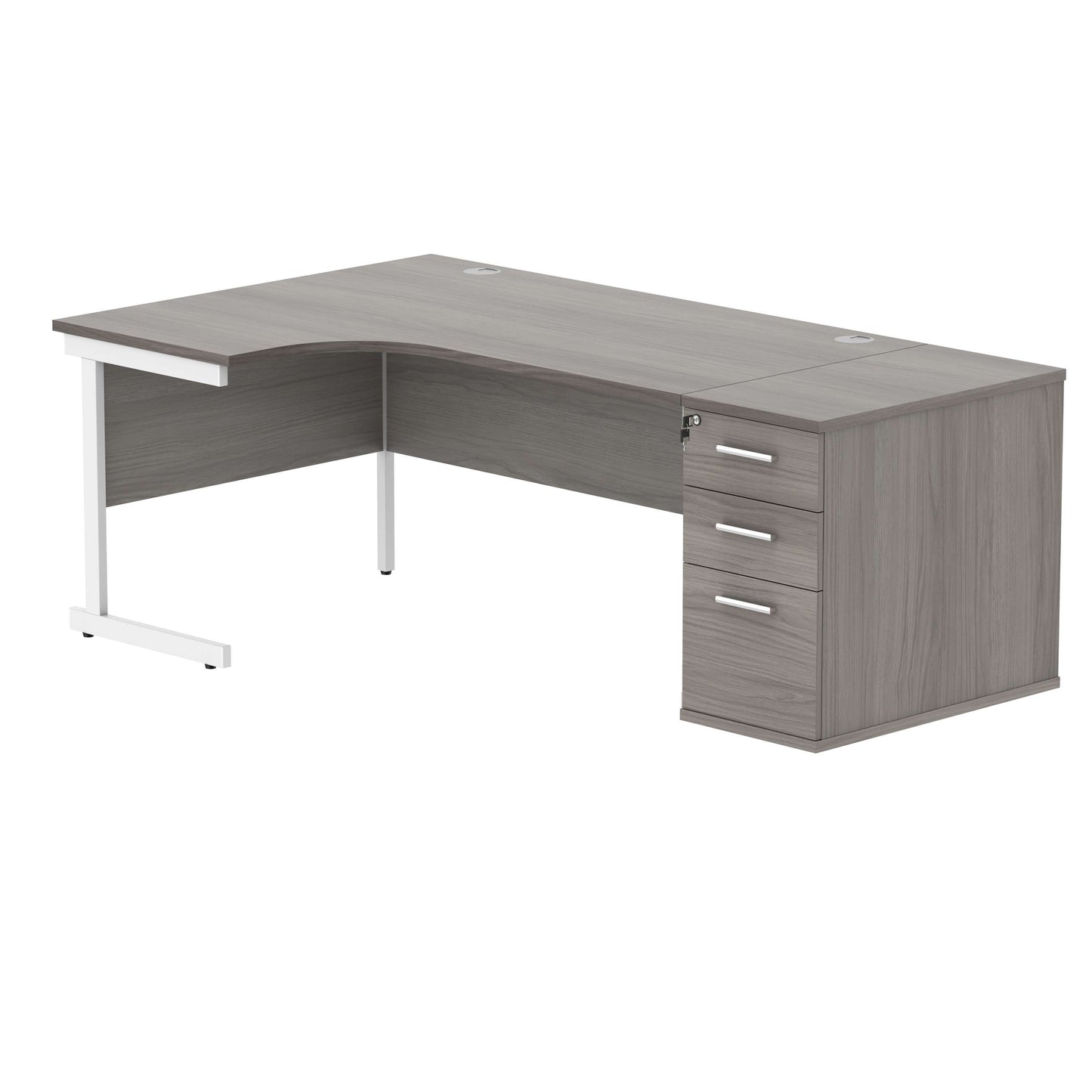 Single Upright Left Hand Radial Desk + Desk High Pedestal (FSC) | 800mm Deep Pedestal | 1600 X 1200 | Alaskan Grey Oak/White