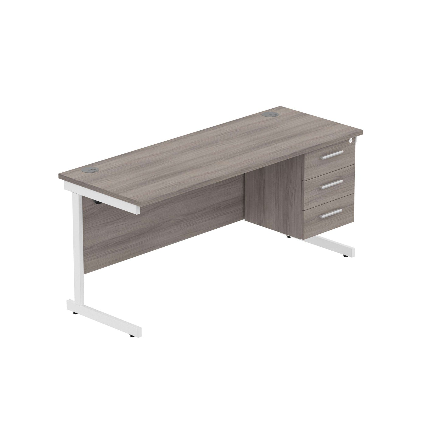 Office Rectangular Desk with Steel Single Upright Cantilever Legs + 3 Drawer Fixed Pedestal (FSC) | 1600X600 | Alaskan Grey Oak/White