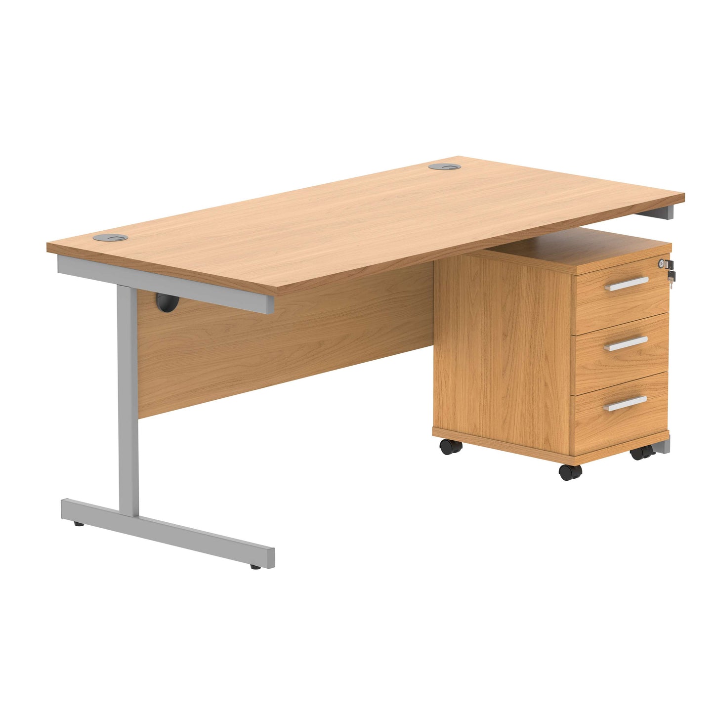 Single Upright Rectangular Desk + 3 Drawer Mobile Under Desk Pedestal (FSC) | 1600 X 800 | Norwegian Beech/Silver