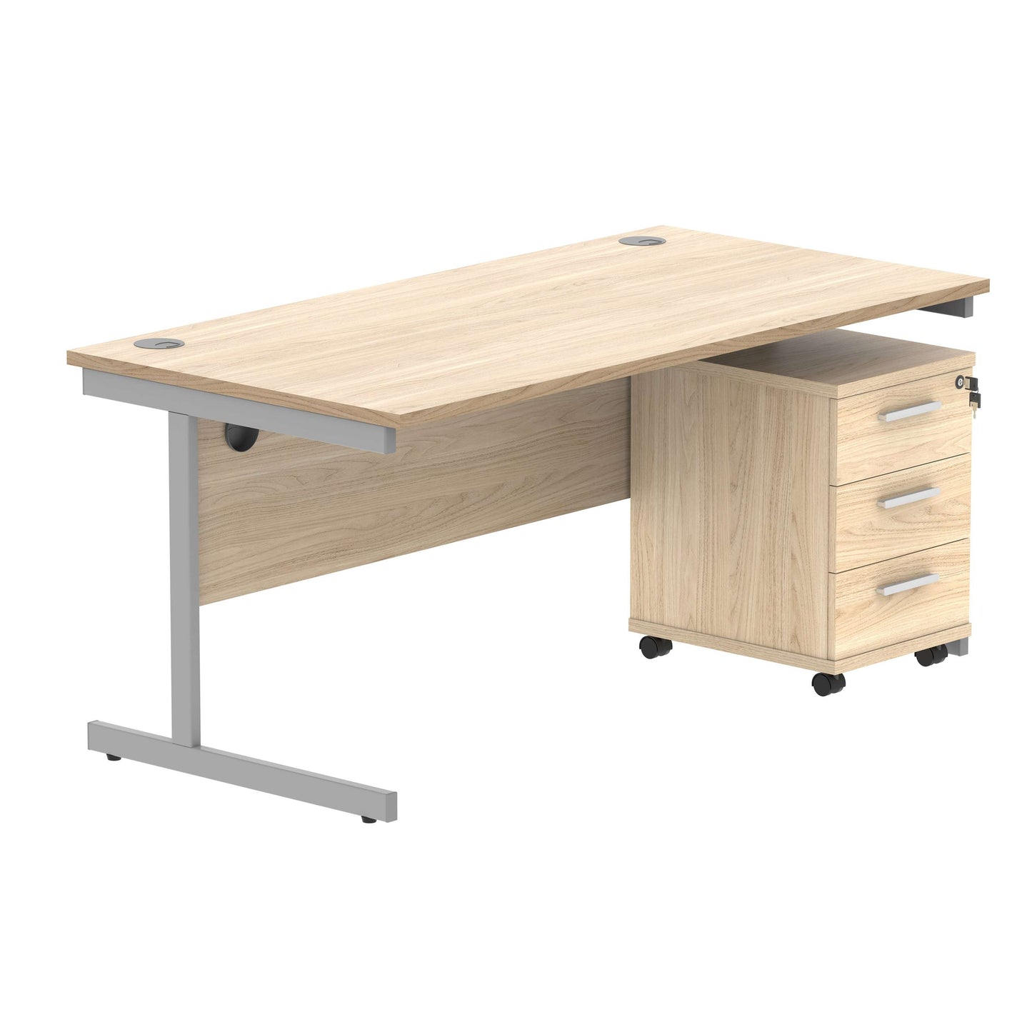 Single Upright Rectangular Desk + 3 Drawer Mobile Under Desk Pedestal (FSC) | 1600 X 800 | Canadian Oak/Silver