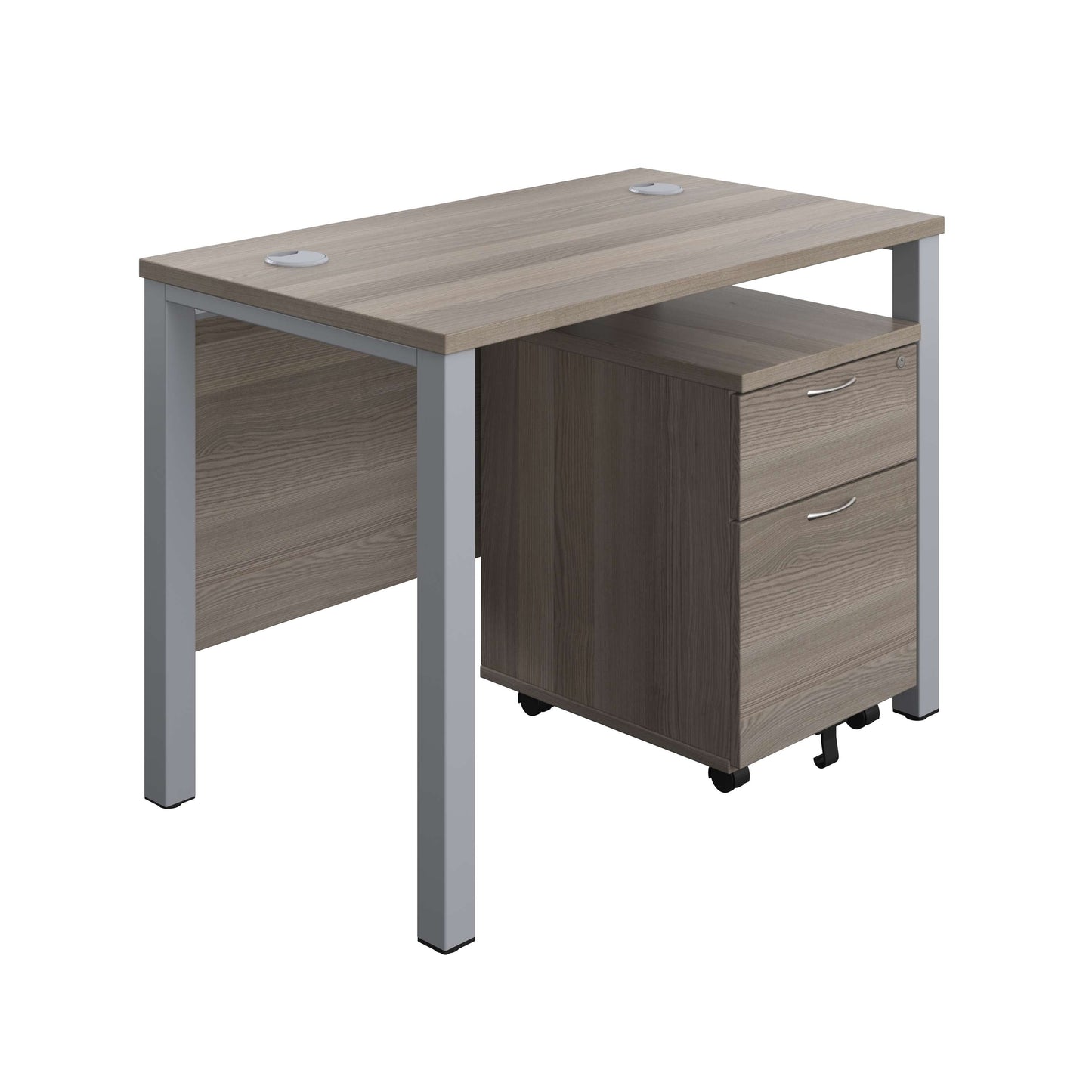 Goal Post Rectangular Desk + 2 Drawer Mobile Pedestal (FSC) | 1000x600 | Grey oak/Silver