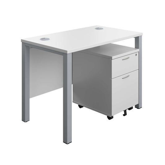 Goal Post Rectangular Desk + 2 Drawer Mobile Pedestal (FSC) | 1000x600 | White/Silver