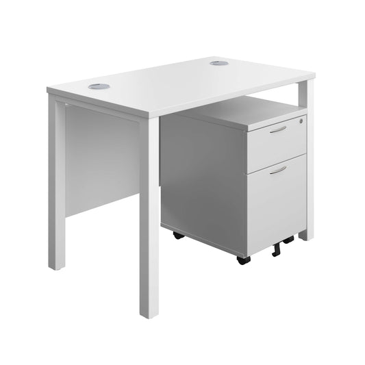 Goal Post Rectangular Desk + 2 Drawer Mobile Pedestal (FSC) | 1000x600 | White/White