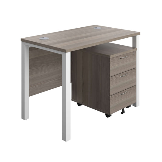 Goal Post Rectangular Desk + 3 Drawer Mobile Pedestal (FSC) | 1000x600 | Grey oak/White