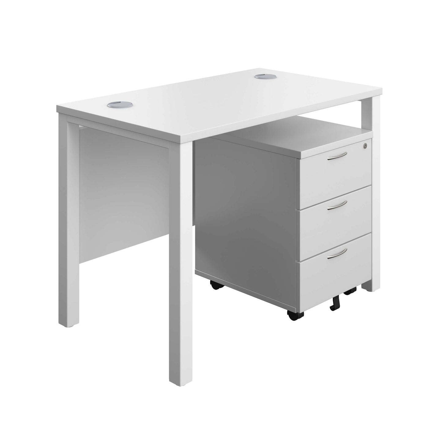 Goal Post Rectangular Desk + 3 Drawer Mobile Pedestal (FSC) | 1000x600 | White/White
