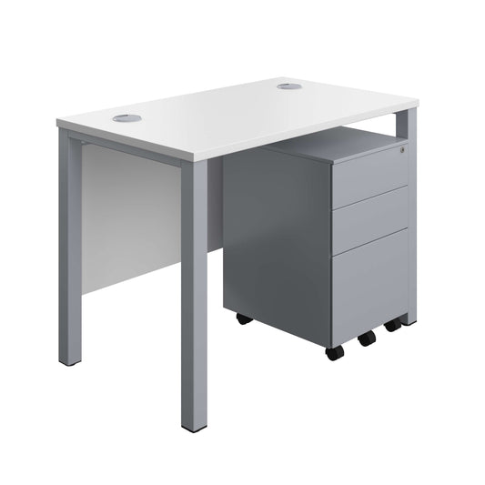 Goal Post Rectangular Desk + 3 Drawer Steel Pedestal (FSC) | 1000x600 | White/Silver