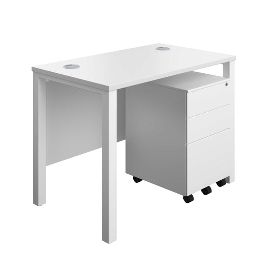 Goal Post Rectangular Desk + 3 Drawer Steel Pedestal (FSC) | 1000x600 | White/White
