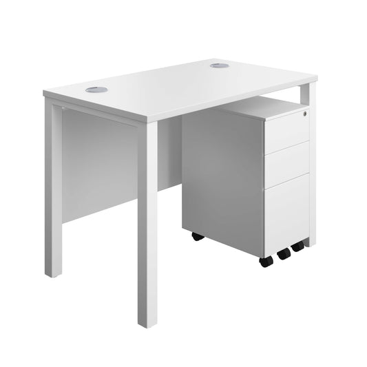 Goal Post Rectangular Desk + 3 Drawer Slimline Steel Pedestal (FSC) | 1000x600 | White/White