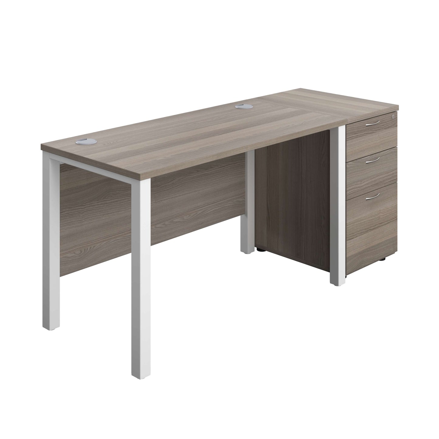 Goal Post Rectangular Desk + 3 Drawer Desk High Pedestal (FSC) | 1200x600 | Grey oak/White