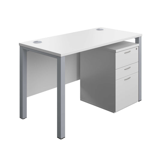 Goal Post Rectangular Desk + 3 Drawer High Mobile Pedestal (FSC) | 1200x600 | White/Silver