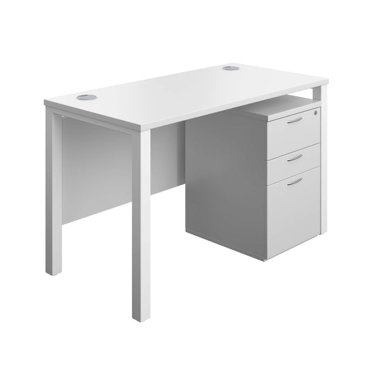 Goal Post Rectangular Desk + 3 Drawer High Mobile Pedestal (FSC) | 1200x600 | White/White