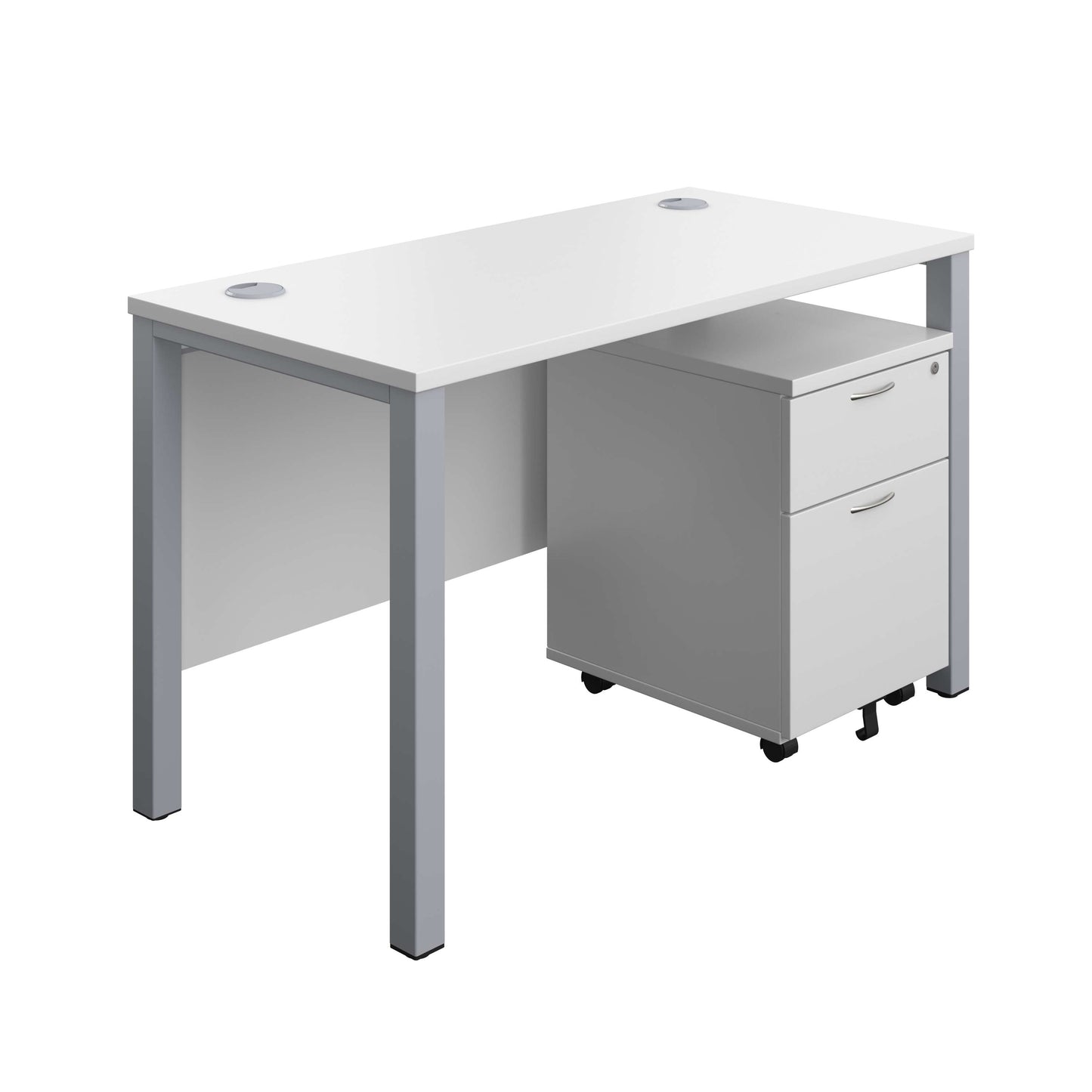 Goal Post Rectangular Desk + 2 Drawer Mobile Pedestal (FSC) | 1200x600 | White/Silver