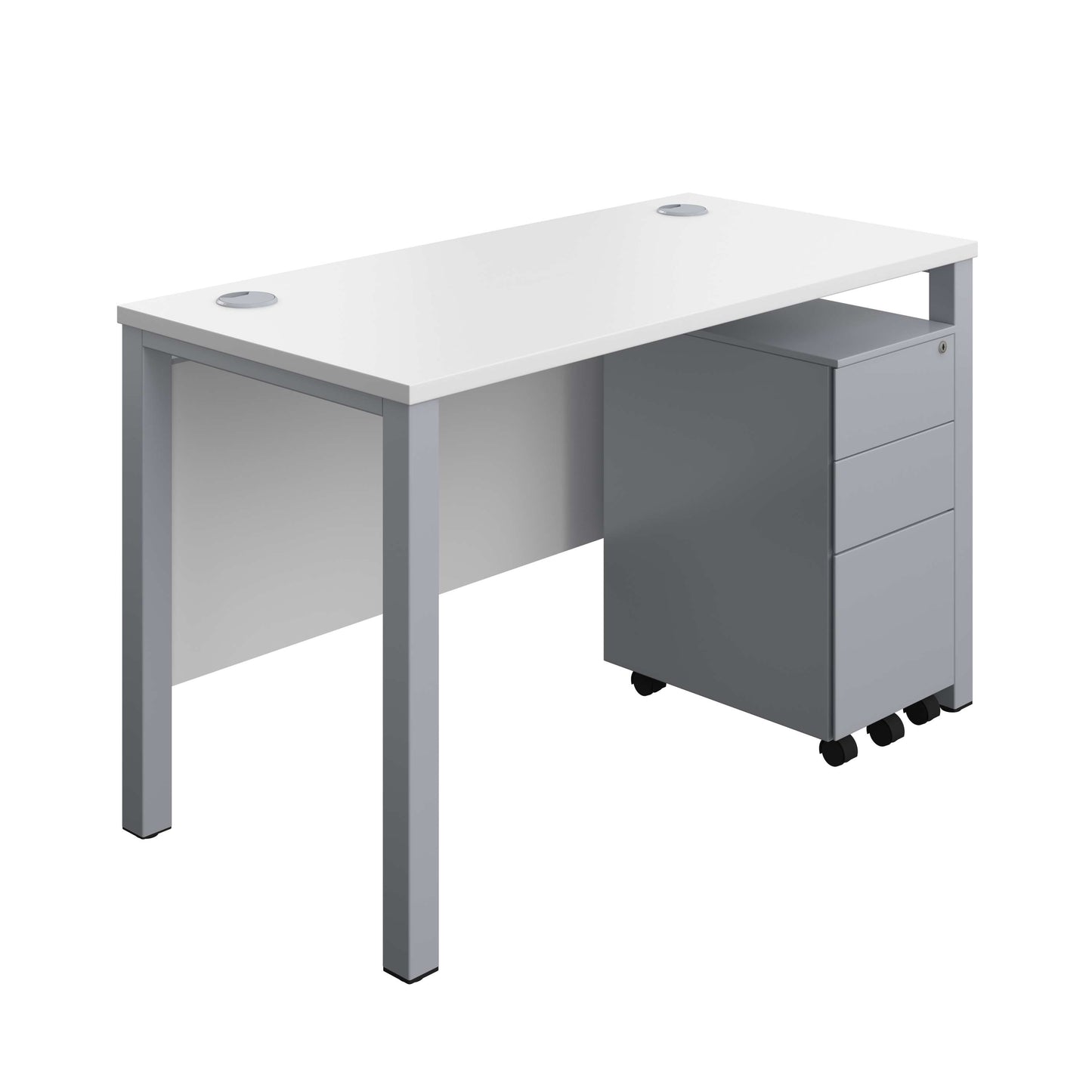 Goal Post Rectangular Desk + 3 Drawer Slimline Steel Pedestal (FSC) | 1200x600 | White/Silver