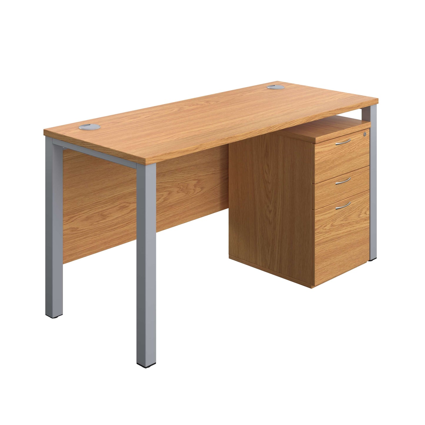 Goal Post Rectangular Desk + 3 Drawer High Mobile Pedestal (FSC) | 1400x600 | Nova oak/Silver